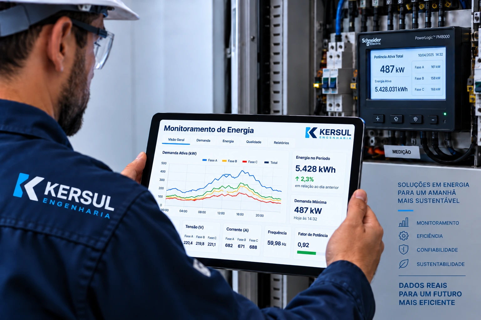 Imagem ilustrativa do técnico Kersul consultando gráficos de medição de energia.