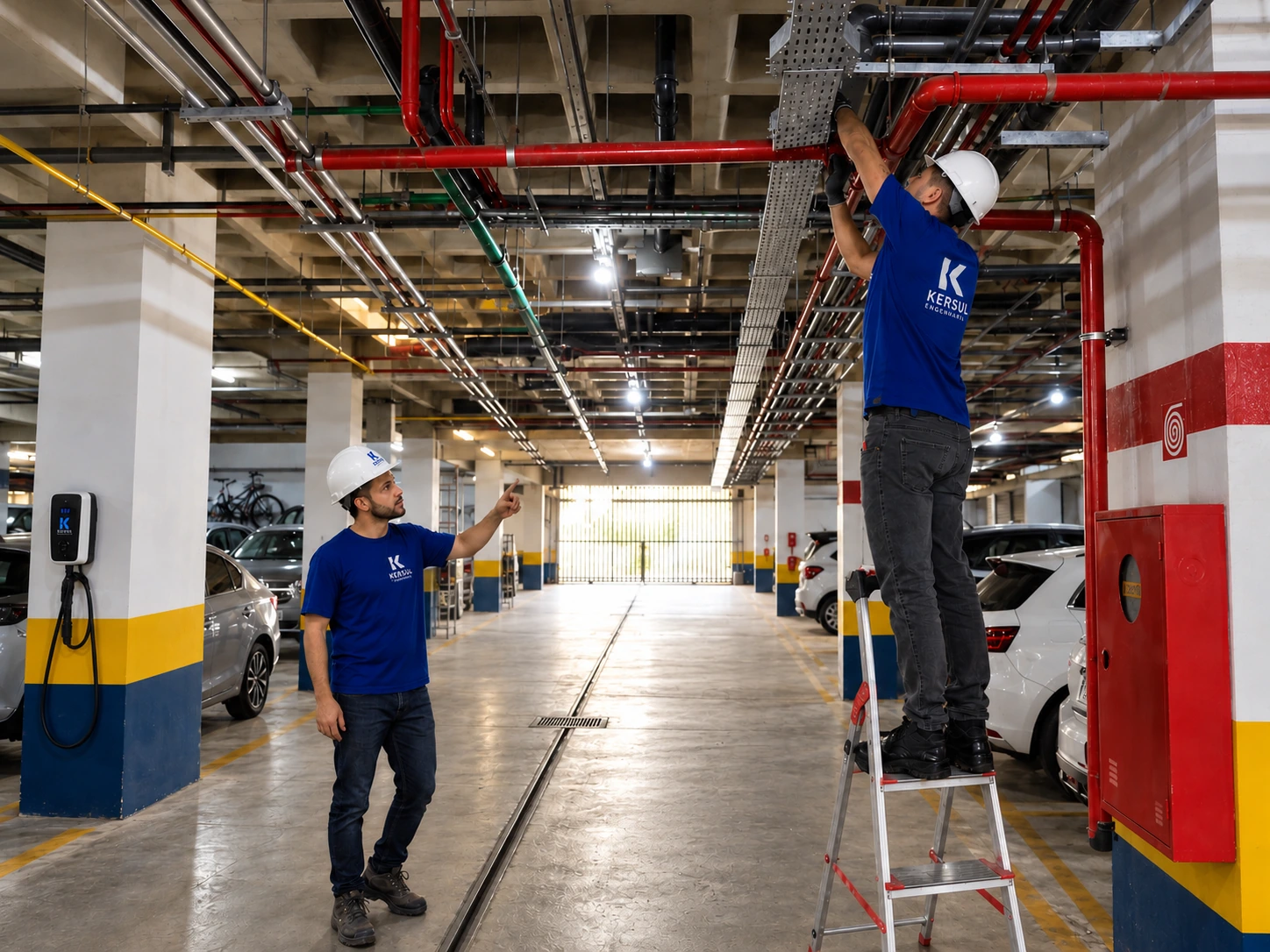 Composição aprovada da equipe Kersul montando eletrocalhas na garagem.