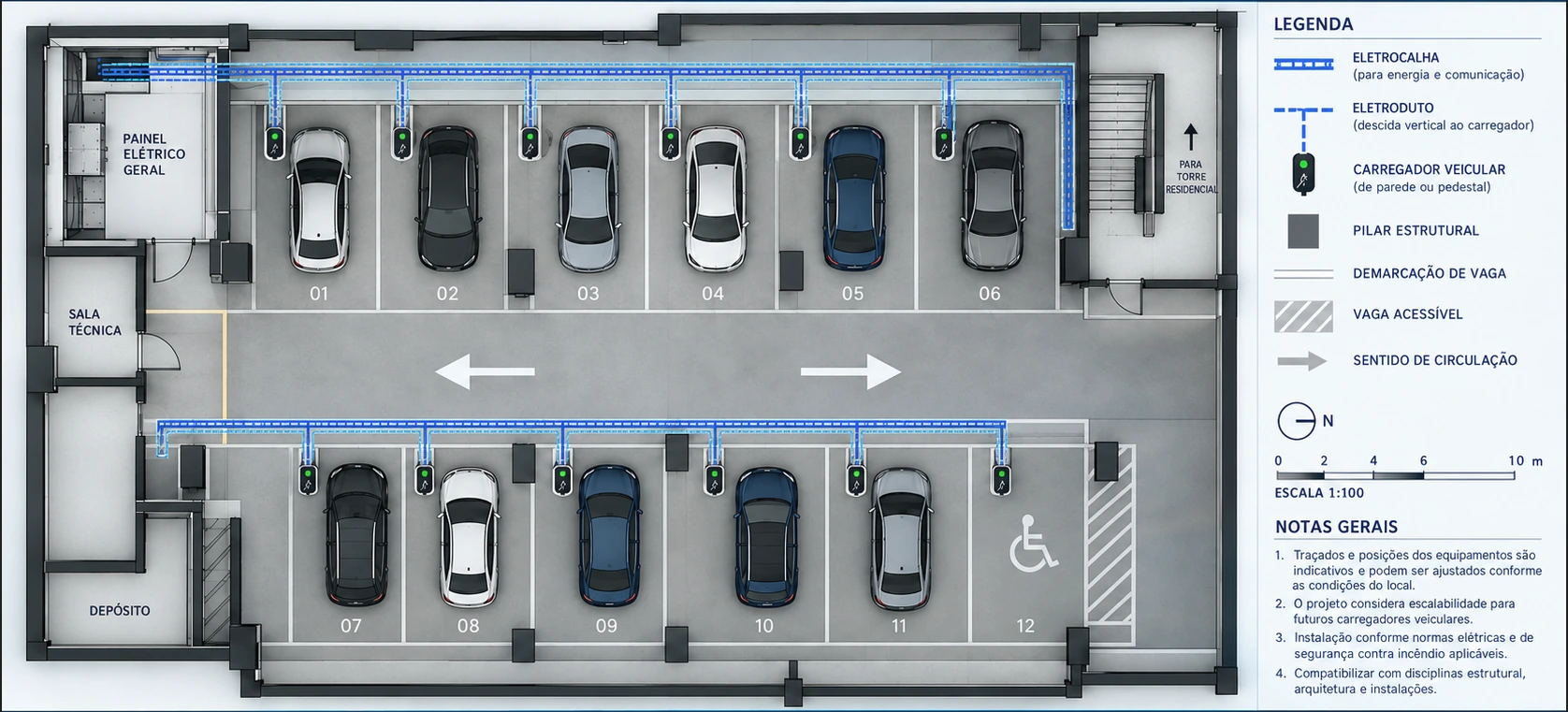 Projeto de garagem com vagas, legenda técnica e percursos de infraestrutura para carregadores.